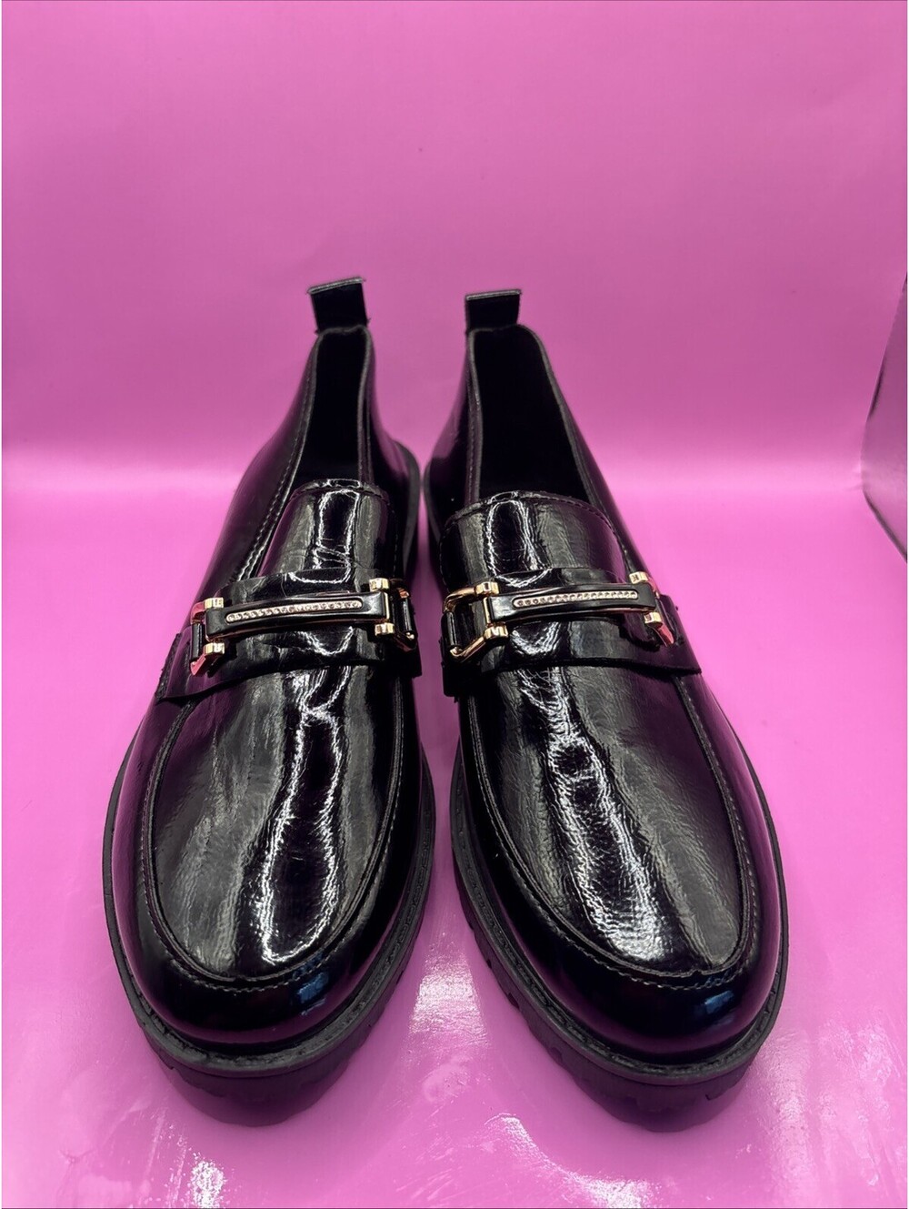 Black Patent Leather Loafers with Gold-Tone Hardware